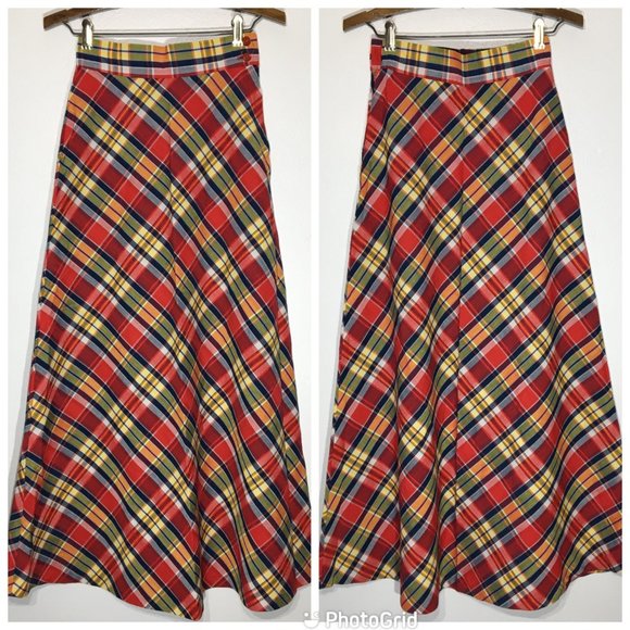Vintage 60s 70s Plaid Maxi Skirt, Red Blue Plaid A Line Skirt, Hippie Academia - Picture 2 of 14